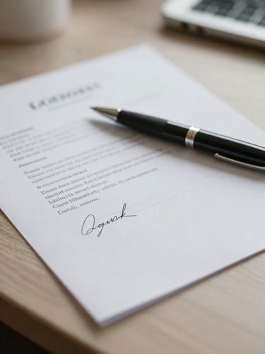 Close-up overhead shot of a pen resting on signed loan documents on a kitchen table, natural diffuse daylight, shallow depth of field on the signature line, warm neutral tones, calm and unhurried atmosphere