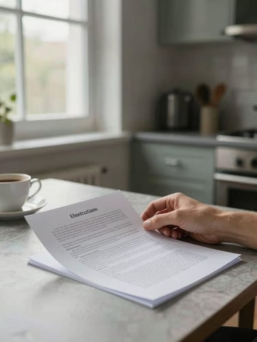 Wide shot of a person sitting at a kitchen table reviewing a printed document, natural window light from the side, coffee cup visible, calm domestic setting, no face shown