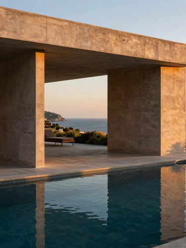 Wide shot of a modern minimalist hotel pool deck overlooking the Mediterranean, architectural concrete structures, morning sun, 35mm