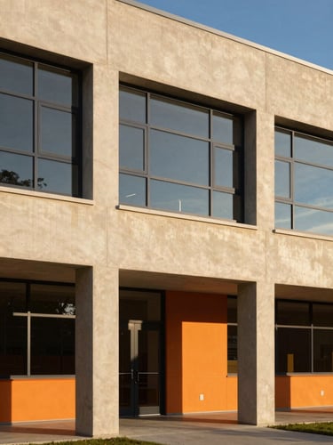 Warm editorial architectural photography of a modern school facade with clean concrete lines, golden hour natural light, sharp focus, 35mm