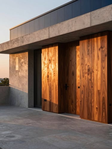 Detail of a luxury hotel suite terrace being finished, high-end concrete and dark wood panels, warm sunset light, sharp focus, 35mm
