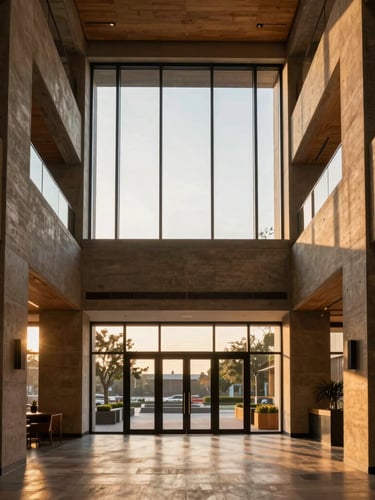 Symmetrical architectural shot of a modern luxury hotel lobby, concrete and warm wood textures, golden hour sunlight streaming through high glass windows, 35mm