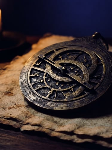 Low-key chiaroscuro macro photograph of a brass astrolabe on textured antique parchment, soft candlelight casting long shadows, deep indigo background.
