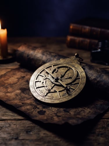 An antique brass astrolabe resting on dark textured parchment, low-key dramatic chiaroscuro lighting, warm candlelight casting long shadows, scholarly editorial feel.