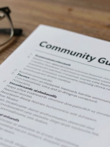 A close-up flat-lay of a printed community guidelines booklet resting on a rustic wooden table next to a pair of reading glasses, soft morning light.