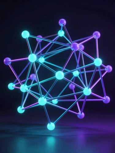 High-fidelity abstract 3D network nodes glowing with neon cyan and violet under low-key studio lighting, portrait aspect