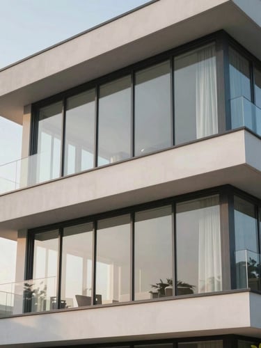 Macro close-up of a pristine, modern villa glass facade reflecting soft morning sunlight, no people, clean architectural lines and elegant textures.