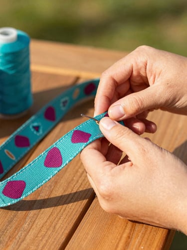 vibrant outdoor photography, warm sunlight, close-up of hands carefully sewing a bright teal and berry patterned fabric leash at a wooden table, colorful spools of thread visible, 35mm