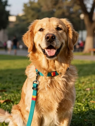 Vibrant outdoor pet photography of a happy Golden Retriever wearing a bright, colorful hand-woven teal leash, sunny CDMX park background, warm golden-hour sunlight, 35mm portrait