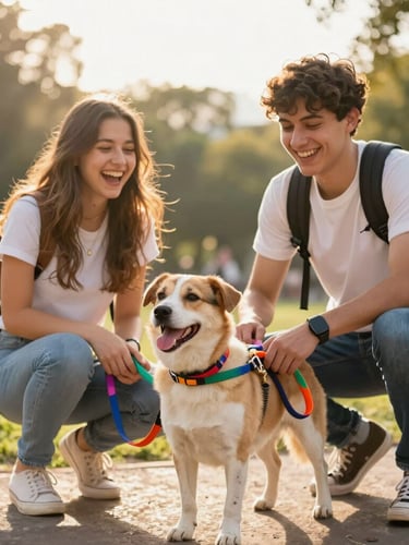 vibrant outdoor pet photography, warm golden-hour sunlight, two young university students laughing while fitting a colorful handmade leash on a happy dog in a sunny CDMX park, shallow depth of field, 35mm