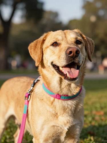 Close-up of a happy dog wearing a colorful handmade pink and teal woven leash in a sunny CDMX park, warm golden-hour sunlight, shallow depth of field, 35mm