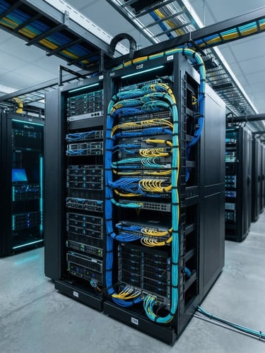 Wide shot of a modern data center with clean server racks and subtle cyan ambient lighting, focusing on neat cabling and organized infrastructure.