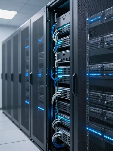 Wide shot of a modern, clean server room with neatly organized cabling and cool blue ambient lighting, shallow depth of field, commercial photography style.