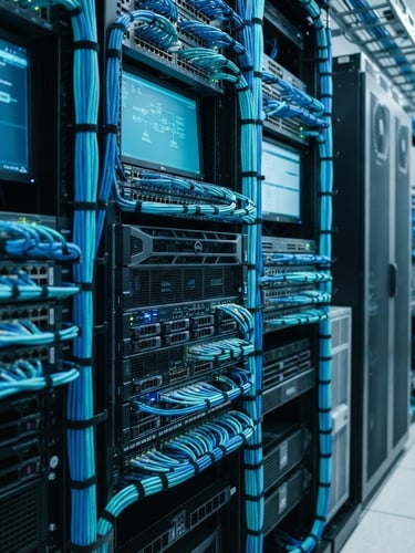 Clean server racks with neatly organized blue and cyan cables, cool daylight with subtle cyan screen glow, shallow depth of field. Professional and precise.