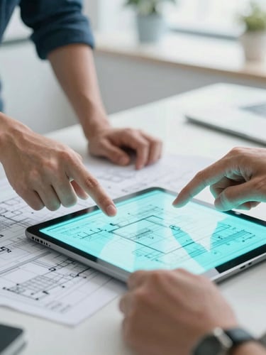 Portrait aspect, medium close-up of hands of two developers pointing at a complex digital blueprint on a tablet, cool crisp daylight with subtle cyan screen glow, modern workspace, focused on the tablet and hands, shallow depth of field.