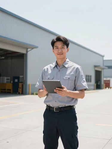 Crisp industrial photography, bright natural daylight, a professional logistics supervisor in a clean uniform holding a digital tablet in a modern well-lit warehouse, wide-angle environmental framing.