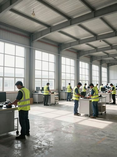 A wide-angle environmental photograph of a clean, organized modern warehouse in India. Bright natural daylight streams through high windows, highlighting workers in matching high-visibility vests operating with precision.
