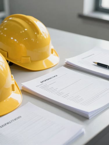 Focused close-up of safety gear and clean compliance documents on an organized industrial desk, bright natural daylight, clean high-contrast tones.