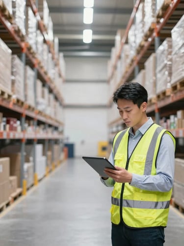 A professional logistics supervisor in a high-visibility safety vest checking inventory on a tablet inside a clean, modern warehouse with high shelving, bright natural light.
