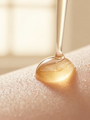 Macro close-up of a clear golden serum droplet on clean skin, soft warm side-lit studio light, elegant beige background.