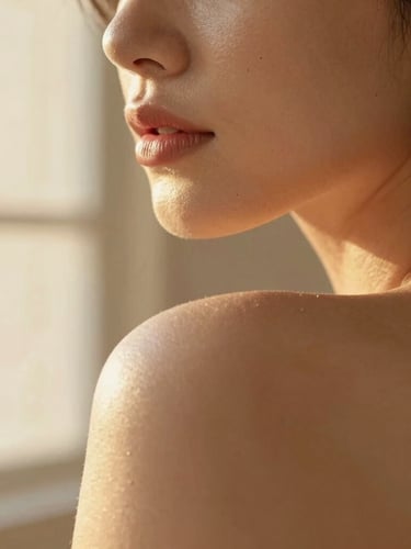 Macro portrait of a woman's radiant skin showing real texture, warm golden-hour side lighting, elegant beige tones.