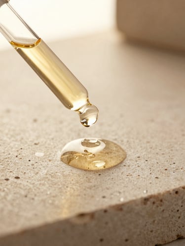 Macro close-up of a clear golden serum droplet on a textured beige stone, soft golden-hour side light, elegant glass dropper, depth of field