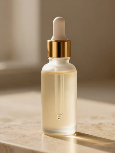 An elegant glass dropper bottle on textured beige marble, soft evening shadows, refined gold accents.