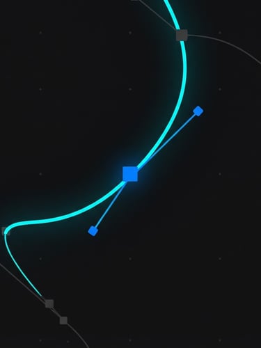 Extreme macro close-up of a neon cyan vector curve with crisp anchor points and bezier handles in vector software, glowing on a dark background, high-contrast digital render, sharp geometric lines