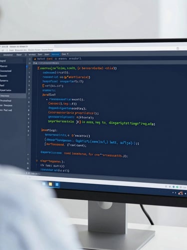 Macro over-the-shoulder shot of clean modern code structures on a high-end monitor, bright cool daylight, sharp focus, technical perspective, 35mm