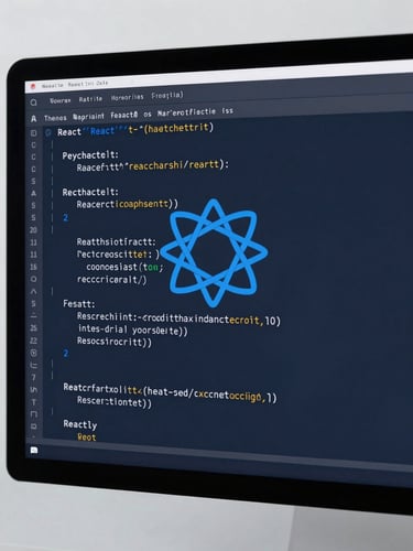 Macro shot of clean, structured React code on a high-end monitor, cool studio lighting, sharp focus, deep slate and cobalt accents