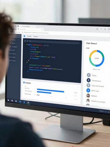 Macro over-the-shoulder shot of a developer analyzing clean React code and GA4 conversion tracking dashboards on a high-end monitor, bright daylight