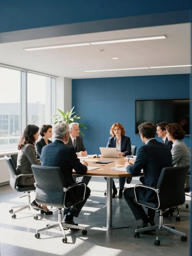 A collaborative professional meeting in a modern architectural conference room, cool bright daylight with sharp shadows, 35mm