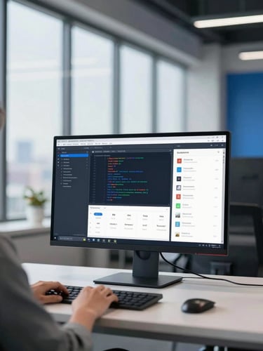 Over-the-shoulder shot of a modern clean workspace with architectural daylight, a high-end monitor displaying clean code and a real estate dashboard, cool daylight, 35mm.