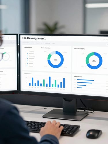 Over-the-shoulder view of a clean development dashboard with complex analytics charts on a dual-monitor setup, sharp daylight, cool slate tones