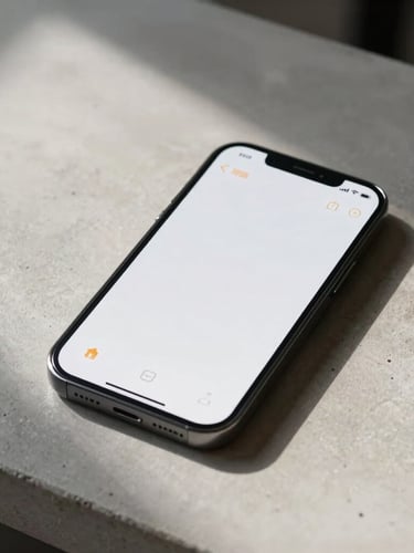 A close-up portrait shot of a minimalist mobile interface displayed on a smartphone, resting on a clean concrete desk with soft natural window shadows.