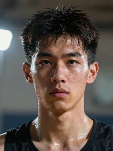 Dramatic side-lit portrait of a young athlete staring intensely at the camera, sweat on brow, indoor court spotlights in the background, high contrast.