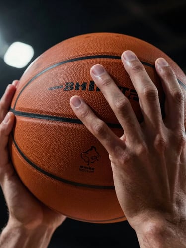 Extreme close-up of a basketball player's hands gripping the ball tightly, harsh indoor court spotlights casting deep shadows, high-contrast dramatic lighting, intense focus.