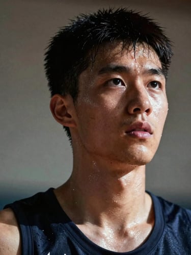 Low-angle portrait of a young male basketball player mid-drill, sweat dripping from his brow, intense facial expression of absolute focus, sharp dramatic side-lighting.