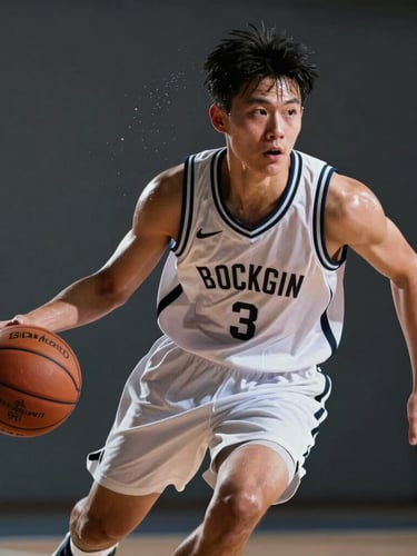 Dynamic low-angle shot of a young basketball player mid-dribble, sweat flying, intense focused expression, sharp side-lighting, dark charcoal background