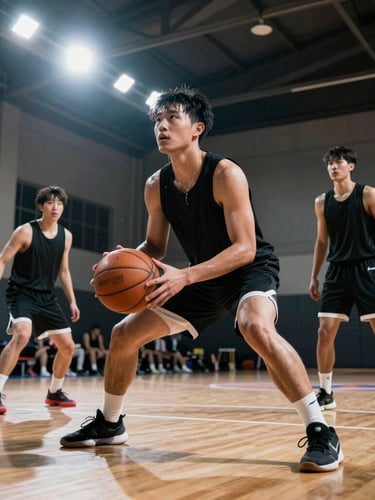 Dynamic low-angle action shot of basketball players mid-drill on an indoor court, sweat dripping, intense facial expressions, harsh overhead spotlights casting deep shadows.