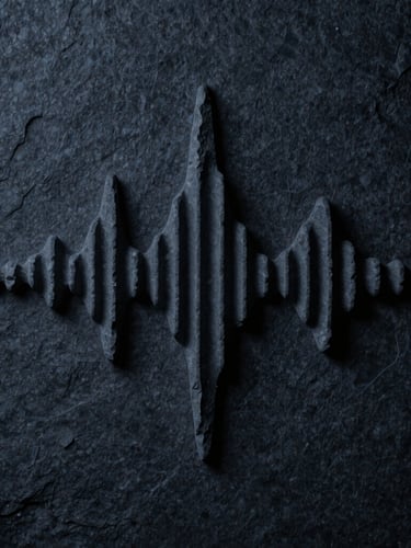 Minimalist studio environment with natural stone textures representing sound waves, moody atmospheric photography, low-key studio lighting, deep charcoal and cool blue tones, macro lens, 35mm