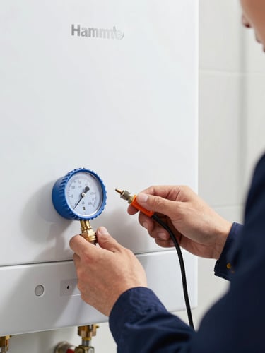 Close-up of a professional technician's hands using a digital pressure gauge on a modern wall-mounted combi boiler, crisp navy uniform, focused lighting.