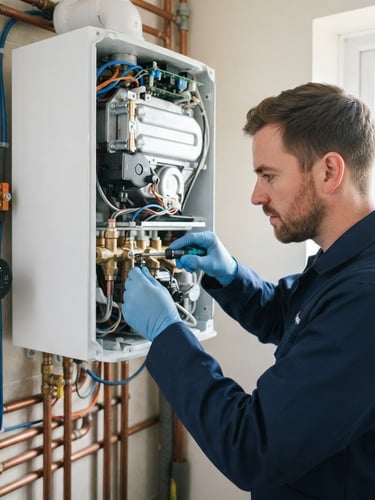 Close-up of a professional technician in a clean navy uniform adjusting a modern white combi boiler with precise tools, bright daylight, 35mm lens.