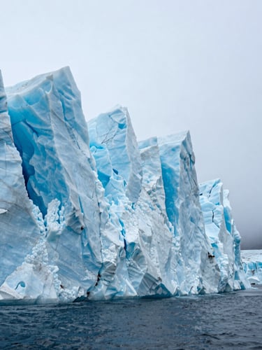 A majestic close-up of a massive blue glacier wall meeting the dark ocean, cold misty atmosphere, clean composition