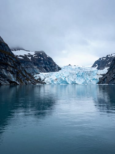 Wide-angle view of a quiet Alaskan fjord under a cool overcast sky, deep blue water reflecting massive glaciers in the background, serene and silent.