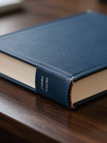 Close-up macro shot of a physical hardcover book with a deep navy blue spine and minimalist silver typography, resting on a dark walnut executive desk under soft morning side light.