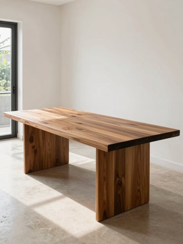 Wide environmental shot of a solid teak dining table in a Jakarta home interior, north-facing daylight streaming from the left, white walls and pale stone floor, close wood grain visible on the tabletop surface, no food or tableware, no people, honest mid-morning light