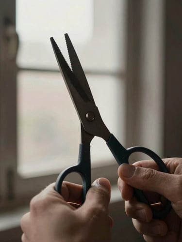 Macro editorial portrait of hands holding heavy steel shears, side-lit window daylight, desaturated charcoal tones, shallow depth of field.