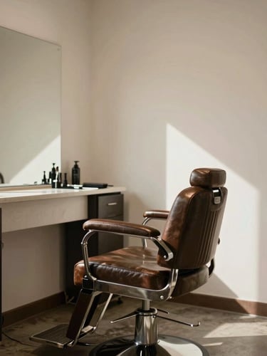 Wide environmental shot of an empty, clean barber station with a single leather chair, warm plaster white walls, soft side daylight casting deep shadows