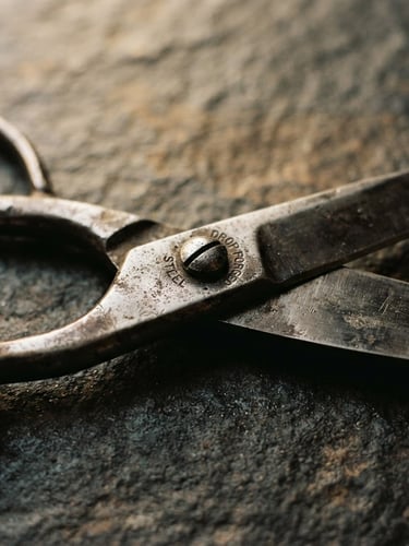 Macro close-up of heavy steel shears resting on a dark stone counter, soft side-lit window daylight, warm editorial photography, 35mm